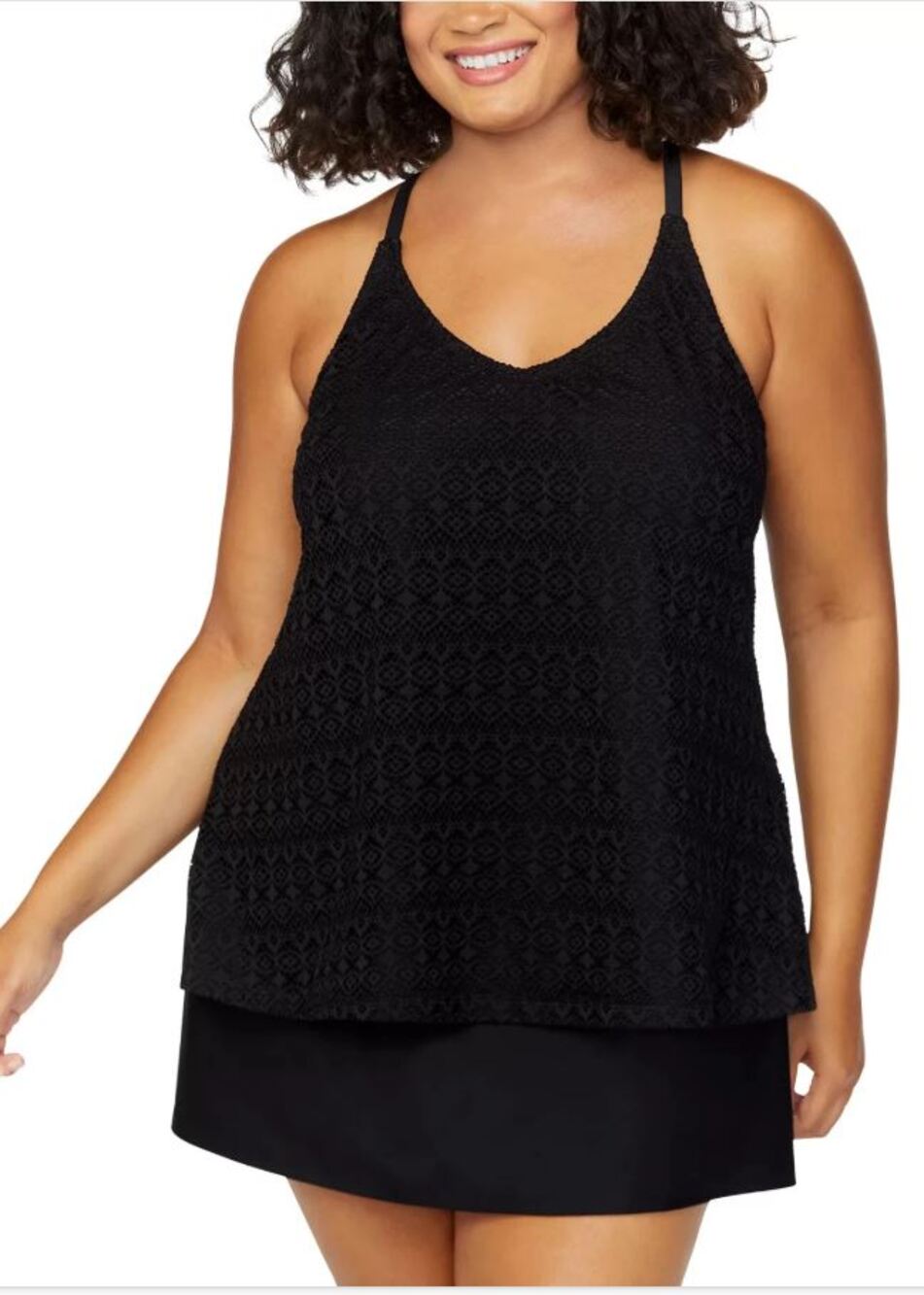 Island Escape Plus 22W Black Crochet Racerback Tankini Top Tummy Control NWT